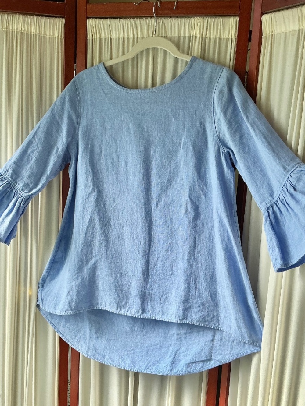 Crown Linen Designs Blue 100% Linen Tunic Top Ruffle Bell Sleeves size S